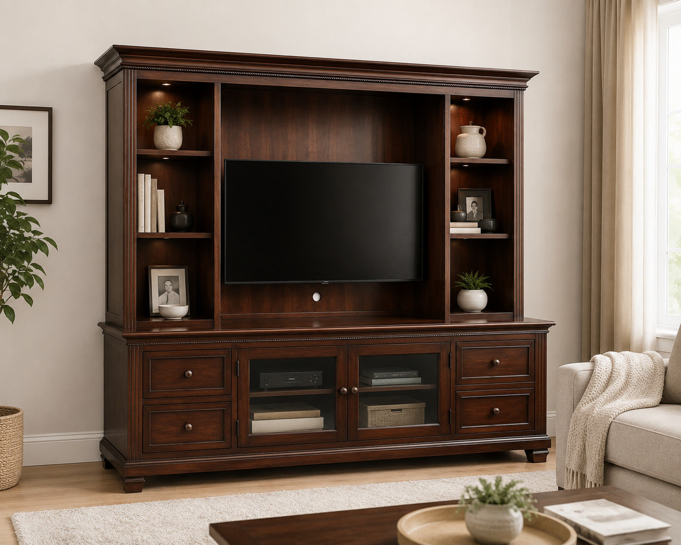 Heritage Dark Wood Entertainment Center with TV Hutch & Glass Storage