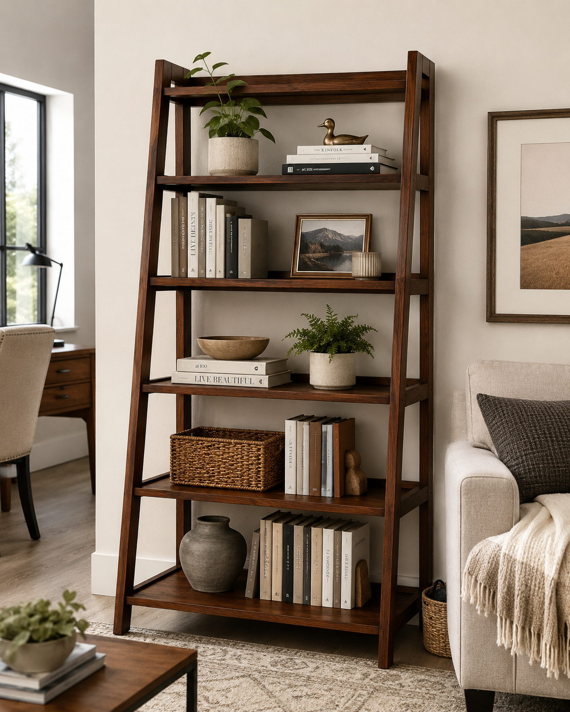 Modern Solid Wood Ladder Bookshelf – Walnut Finish