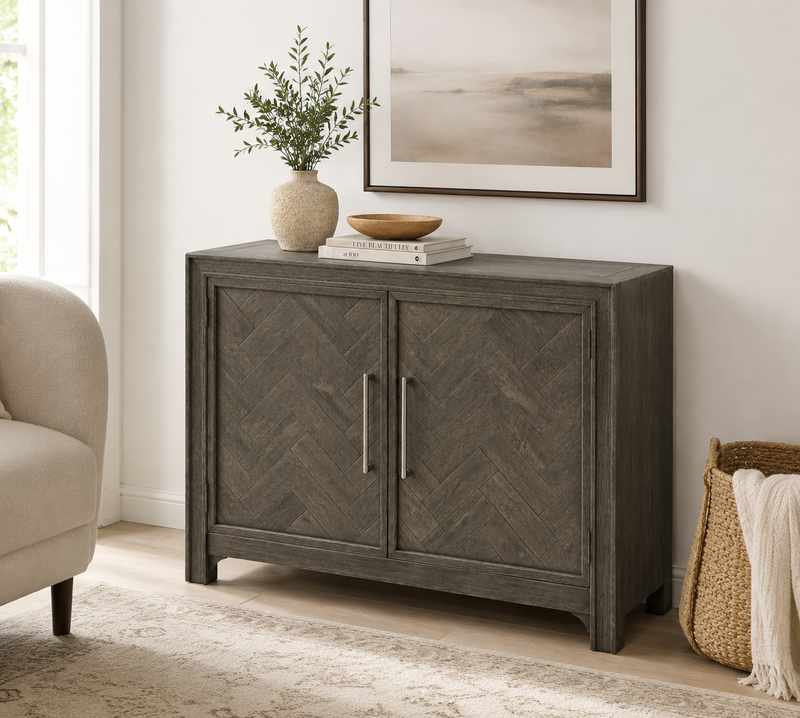 Modern Chevron 2-Door Accent Cabinet – Charcoal Gray Wood Finish