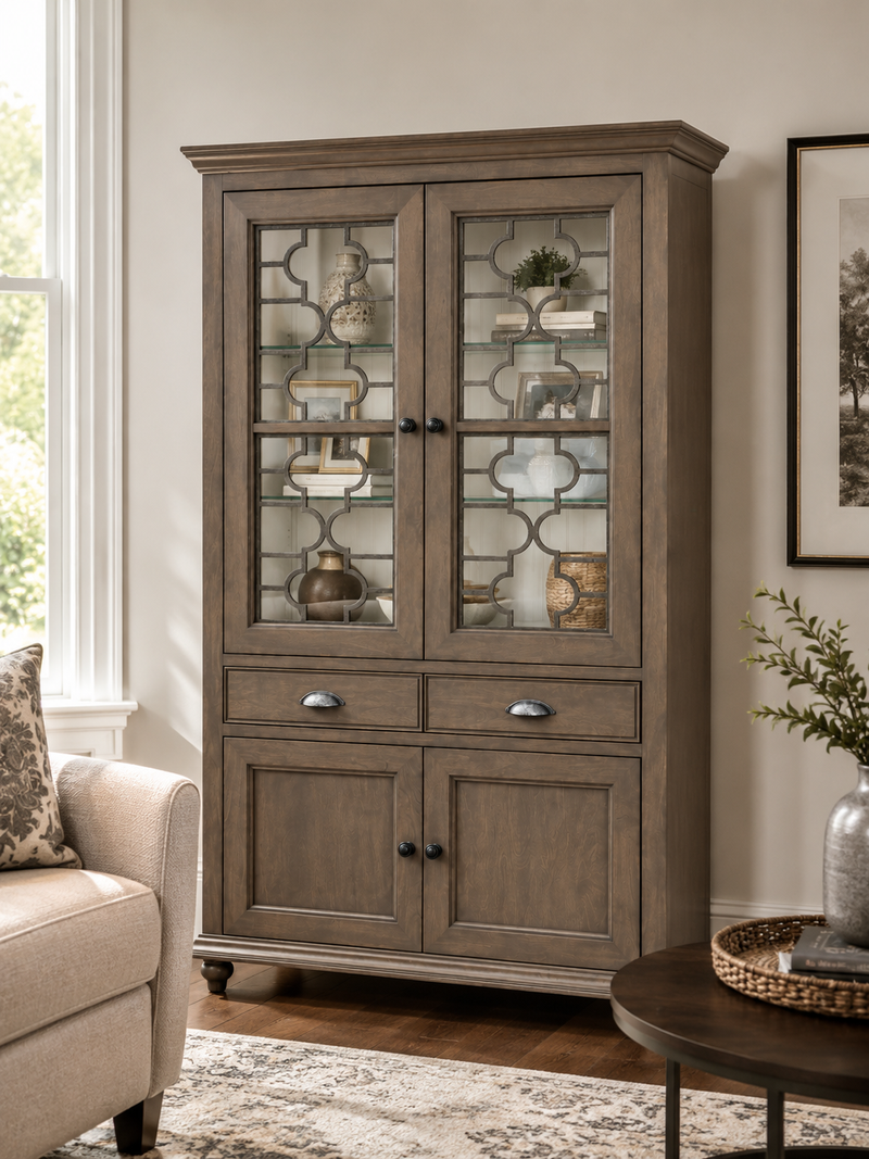 Classic Glass Display Cabinet with 2 Glass Doors, 2 Drawers & Lower Storage