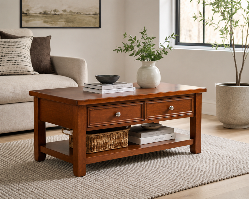 Solid Wood Coffee Table with Storage Drawers
