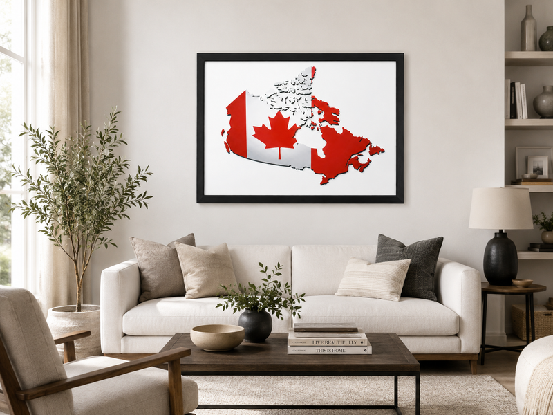 Framed Canada Map Wall Art – Red & White Maple Leaf Design