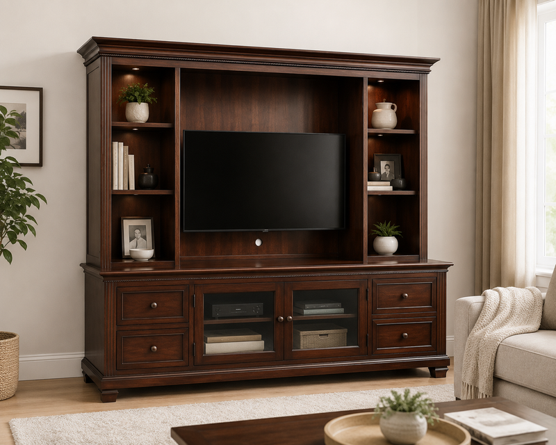 Heritage Dark Wood Entertainment Center with TV Hutch & Glass Storage