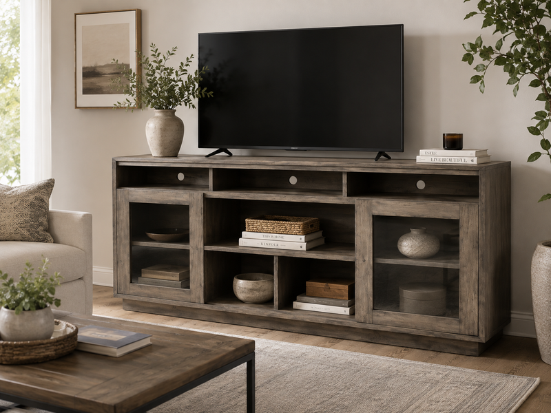 Rustic Wood Media Console with Glass Sliding Doors