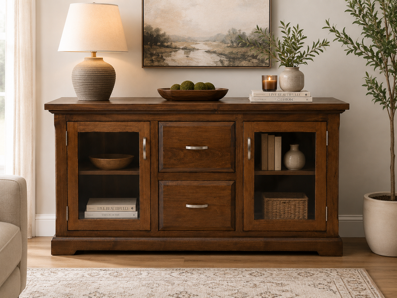 Solid Wood Sideboard with Glass Doors
