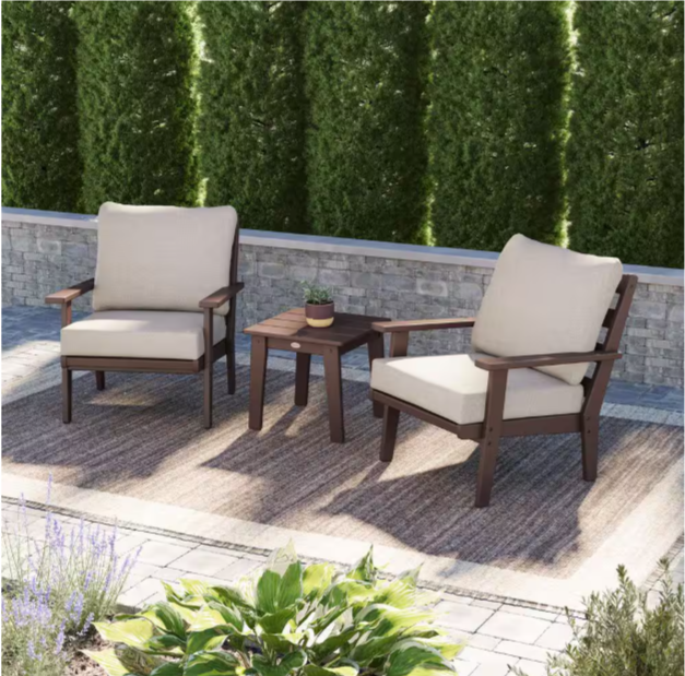Grant Park Mahogany Plastic Patio Outdoor Lounge Chairs Set of 2 with Wheat Cushions and Side Table