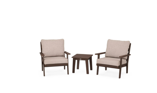 Grant Park Mahogany Plastic Patio Outdoor Lounge Chairs Set of 2 with Wheat Cushions and Side Table