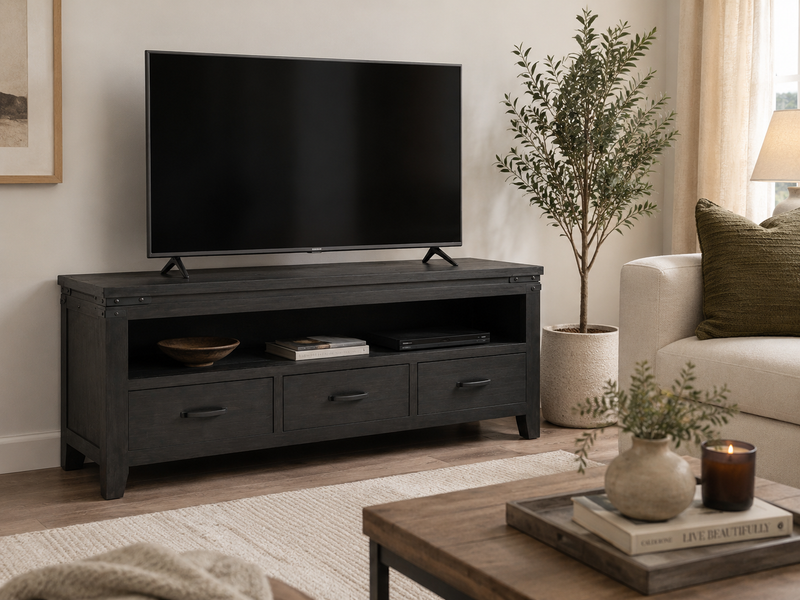 Modern Charcoal TV Console with Open Shelf & 3 Drawers