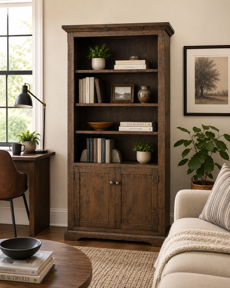 Solid Wood Bookcase with Storage Cabinet Handstone