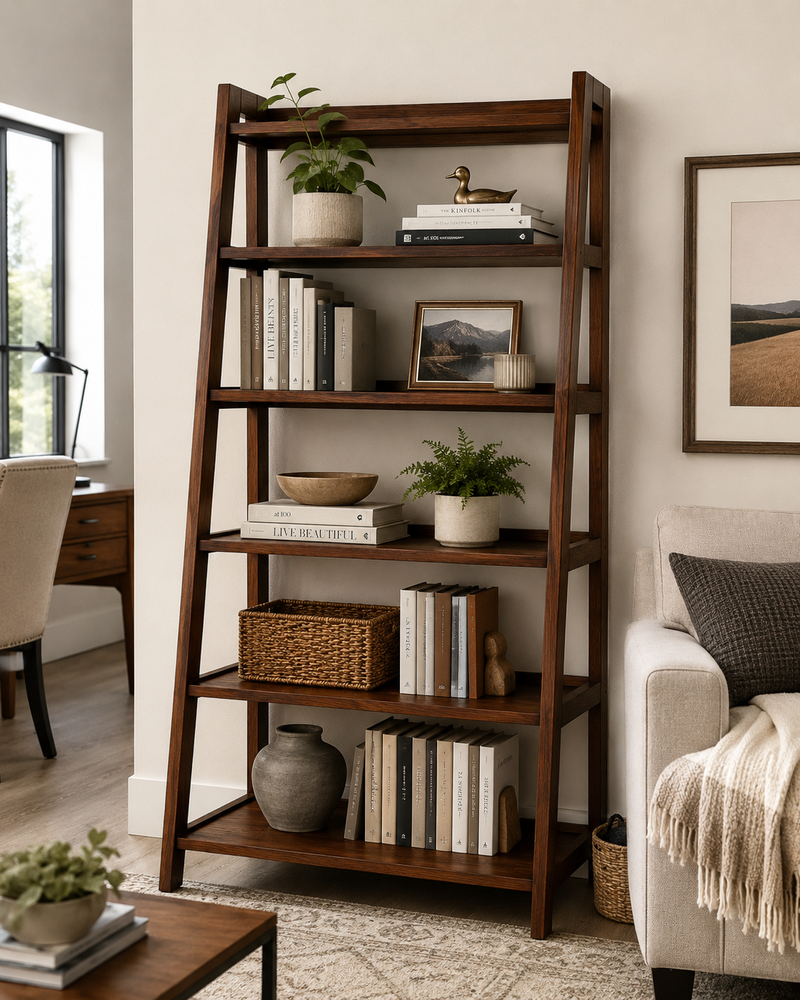 Modern Solid Wood Ladder Bookshelf – Walnut Finish