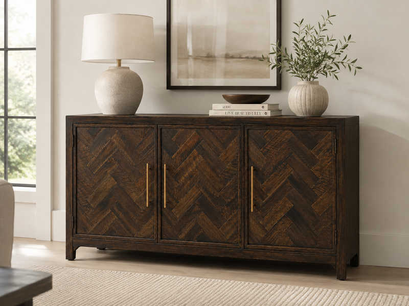 Chevron 3-Door Wood Sideboard with Brass Handles