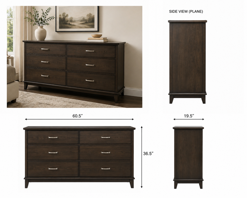 6-Drawer Solid Wood Dresser – Dark Brown Finish